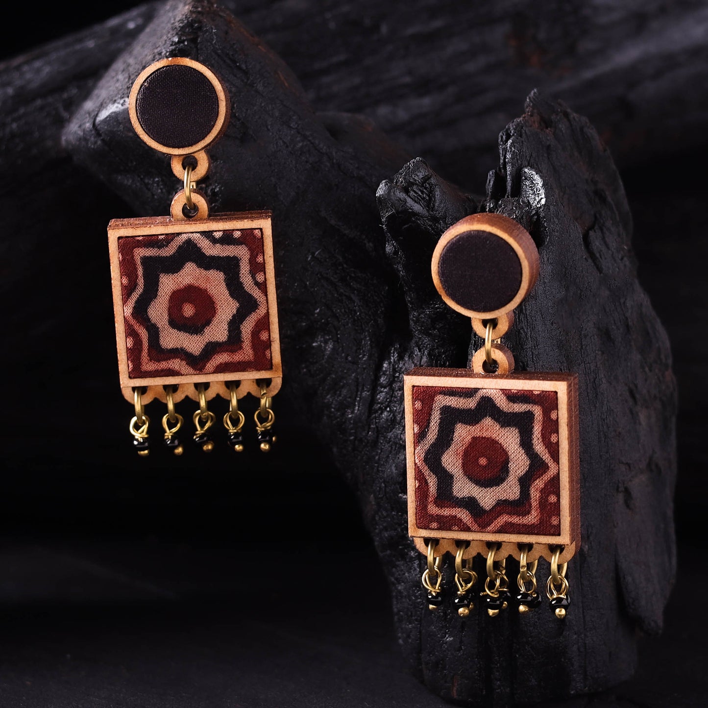 WHE Black & Red Handmade Repurposed Ajrakh Fabric & Wood Square Earrings 08