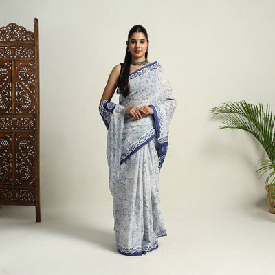 Buy Blue Mul Cotton Hand Batik Print Saree