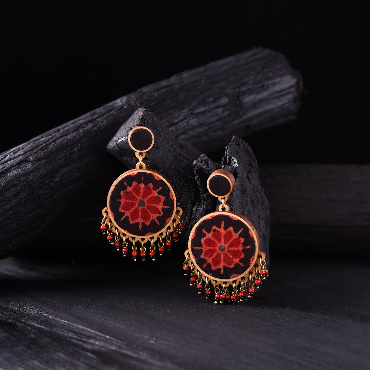 WHE Black & Red Handmade Repurposed Ajrakh Fabric & Wood Round Earrings 09