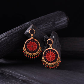 WHE Black & Red Handmade Repurposed Ajrakh Fabric & Wood Round Earrings 09