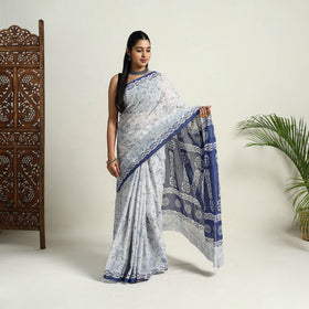 Buy Blue Mul Cotton Hand Batik Print Saree