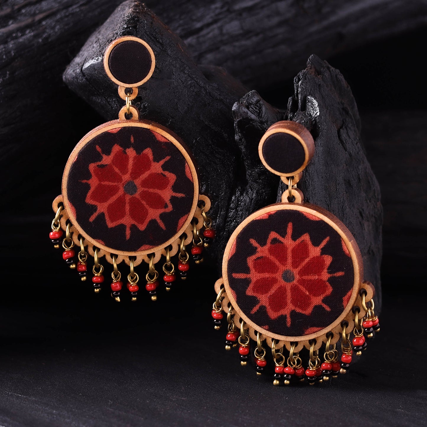 WHE Black & Red Handmade Repurposed Ajrakh Fabric & Wood Round Earrings 09