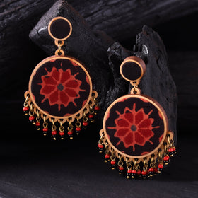 WHE Black & Red Handmade Repurposed Ajrakh Fabric & Wood Round Earrings 09