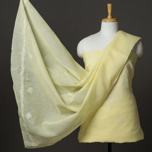 Yellow - 3pc Lucknow Chikankari Hand Embroidery Cotton Suit Material Set 61