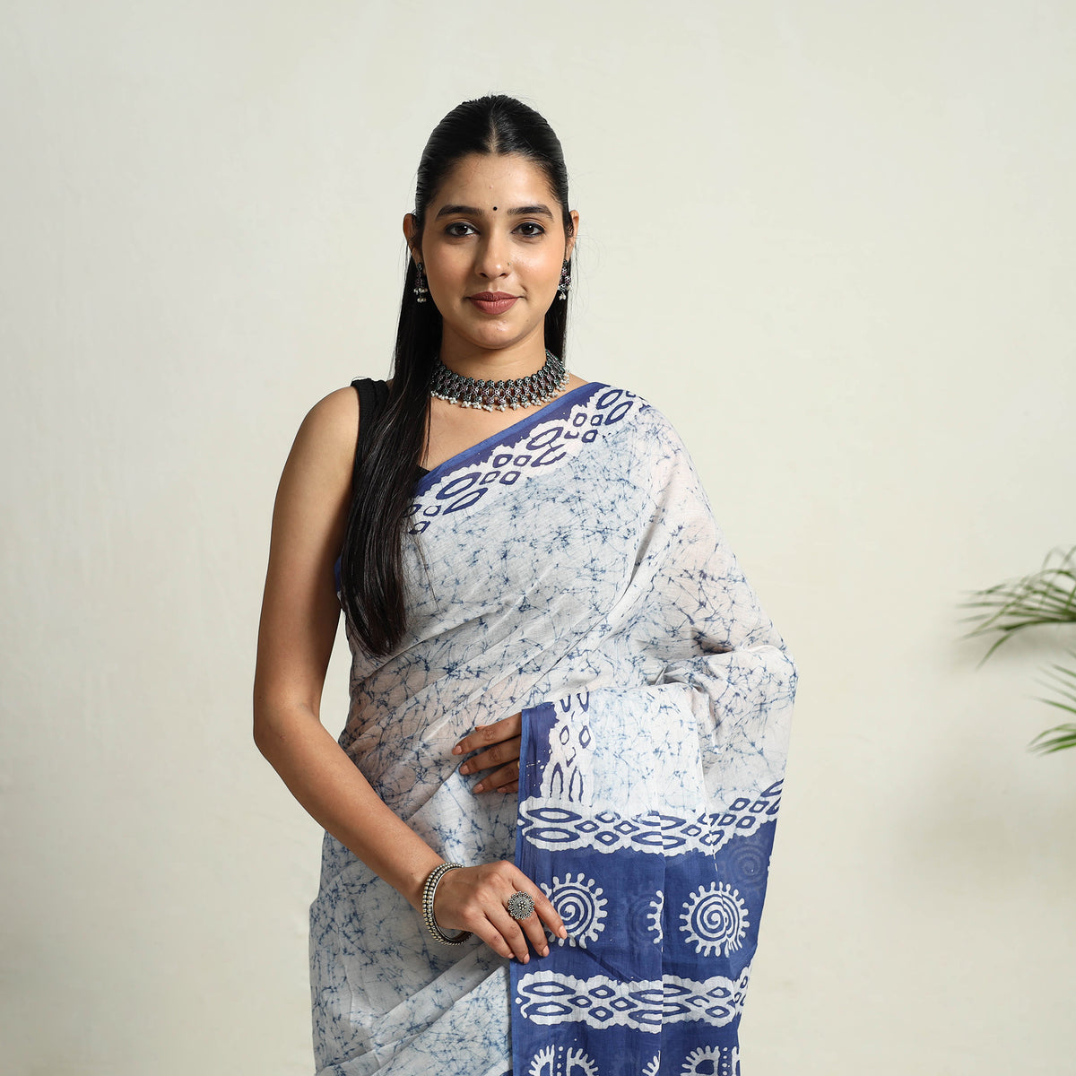 Buy Blue Mul Cotton Hand Batik Print Saree