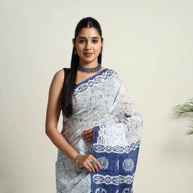 Buy Blue Mul Cotton Hand Batik Print Saree