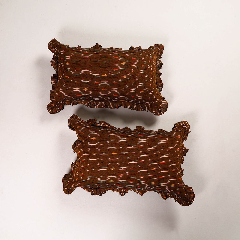 Brown - Set of 2 Pochampally Ikat Cotton Frill Pillow Covers 27