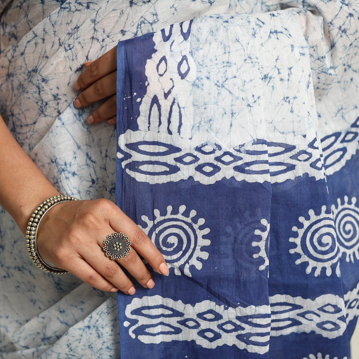 Buy Blue Mul Cotton Hand Batik Print Saree