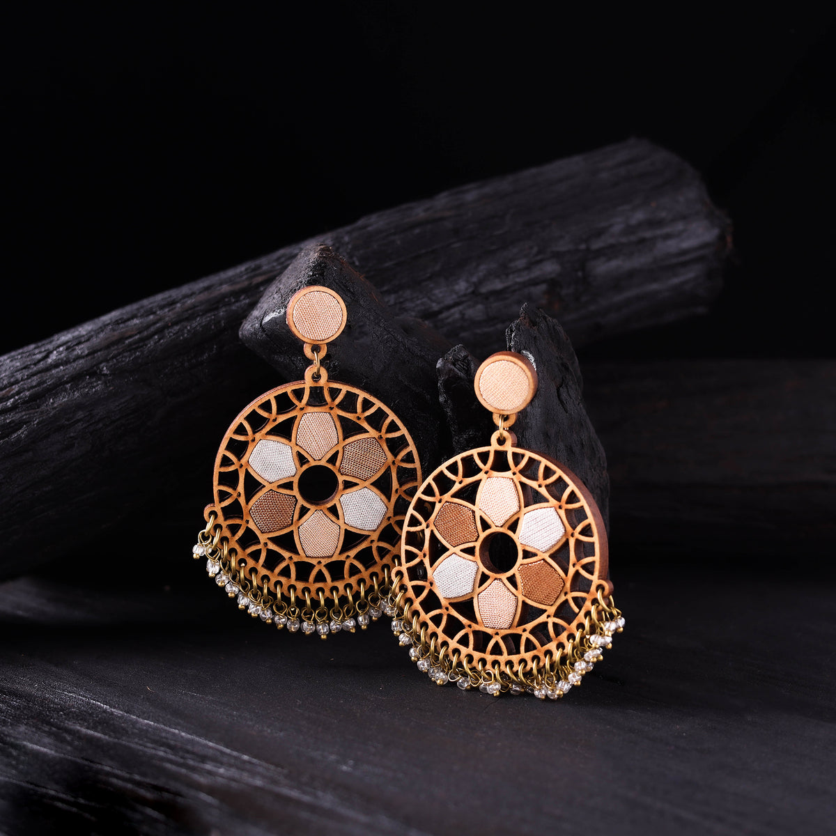 WHE Gold & Silver Handmade Repurposed Fabric & Wood Wheel Earrings 11
