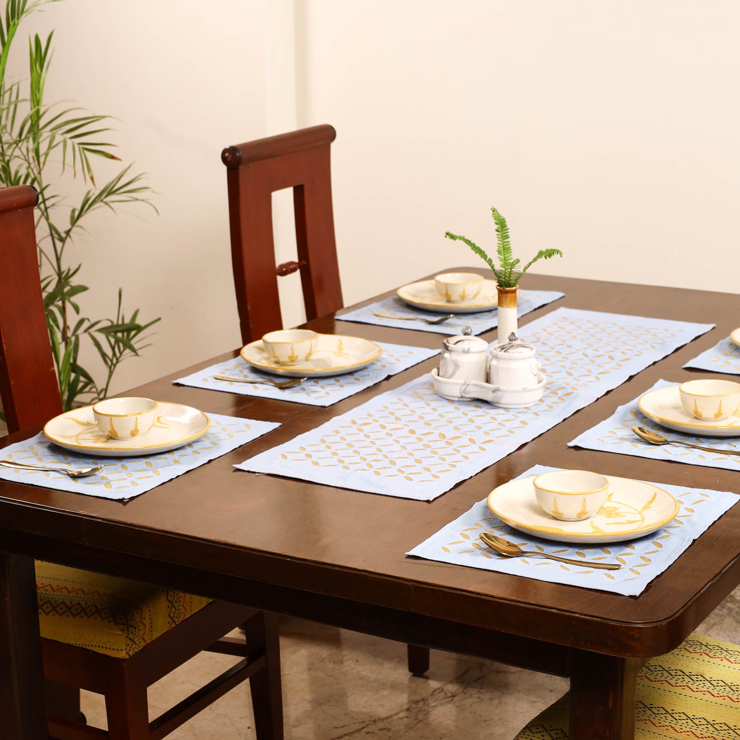 Grey - Barmer Applique Cutwork Dining Table Runner with Mat Set 16