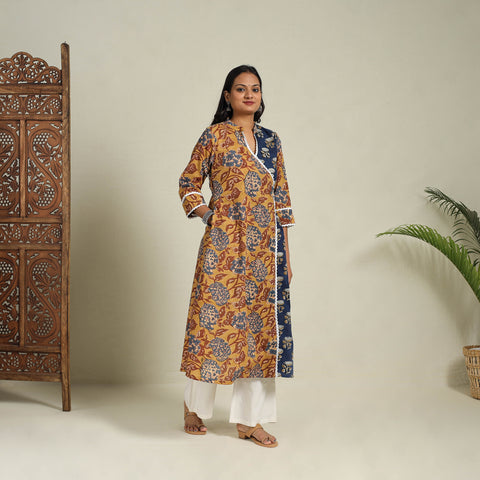Mosaic Fusion Cotton A-Line Lace Work Yellow Sanganeri Kurta for Women
