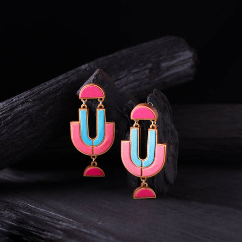 WHE Pink & Blue Handmade Repurposed Fabric & Wood Earrings 16