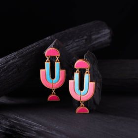 WHE Pink & Blue Handmade Repurposed Fabric & Wood Earrings 16