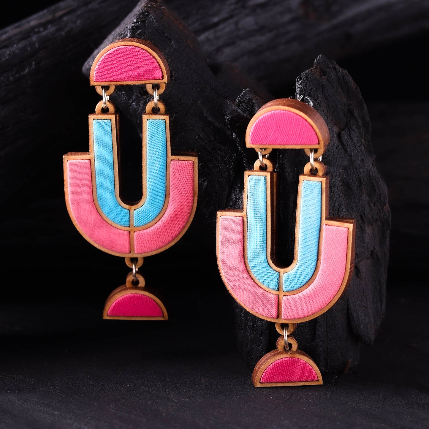 WHE Pink & Blue Handmade Repurposed Fabric & Wood Earrings 16