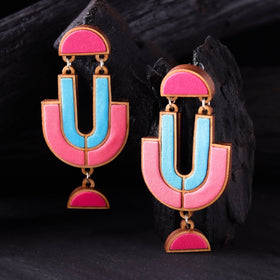 WHE Pink & Blue Handmade Repurposed Fabric & Wood Earrings 16