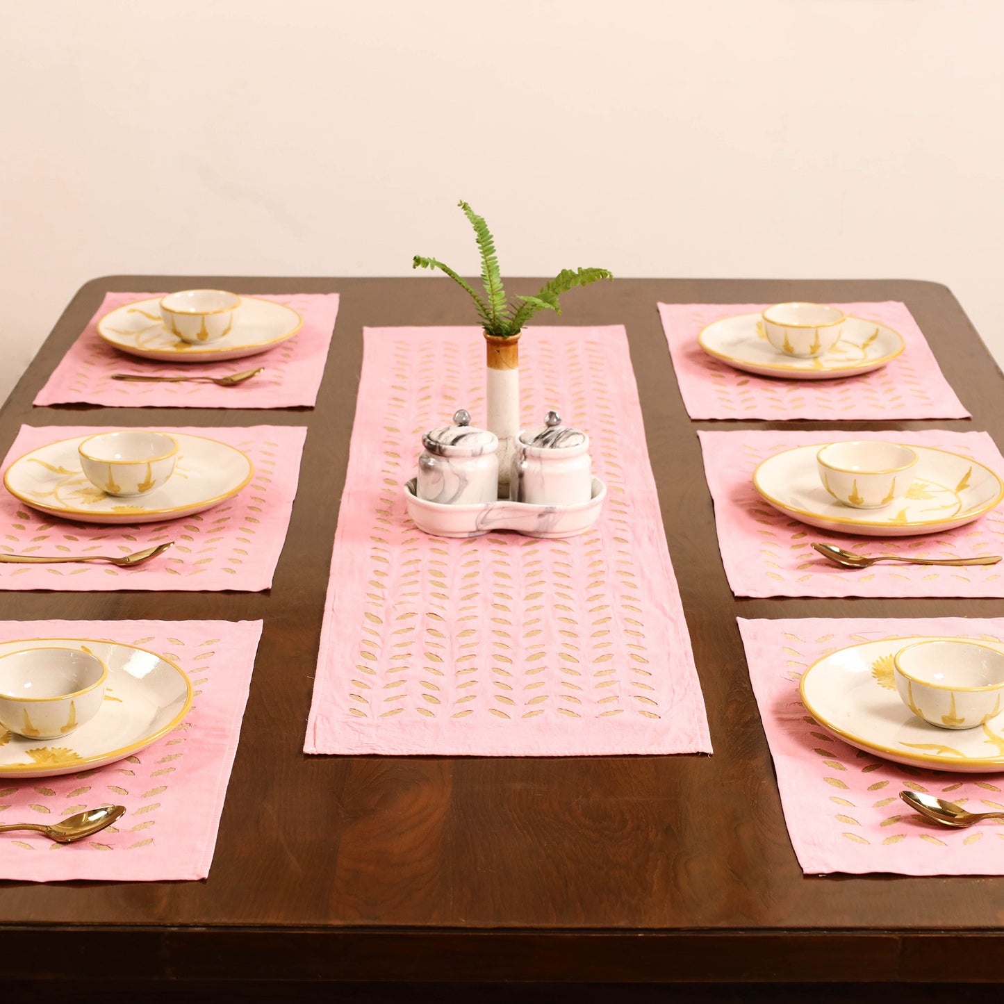 Peach - Barmer Applique Cutwork Dining Table Runner with Mat Set 17