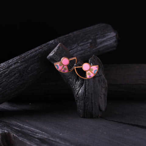 WHE Pink Handmade Repurposed Fabric & Wood Geometrical Earrings 17