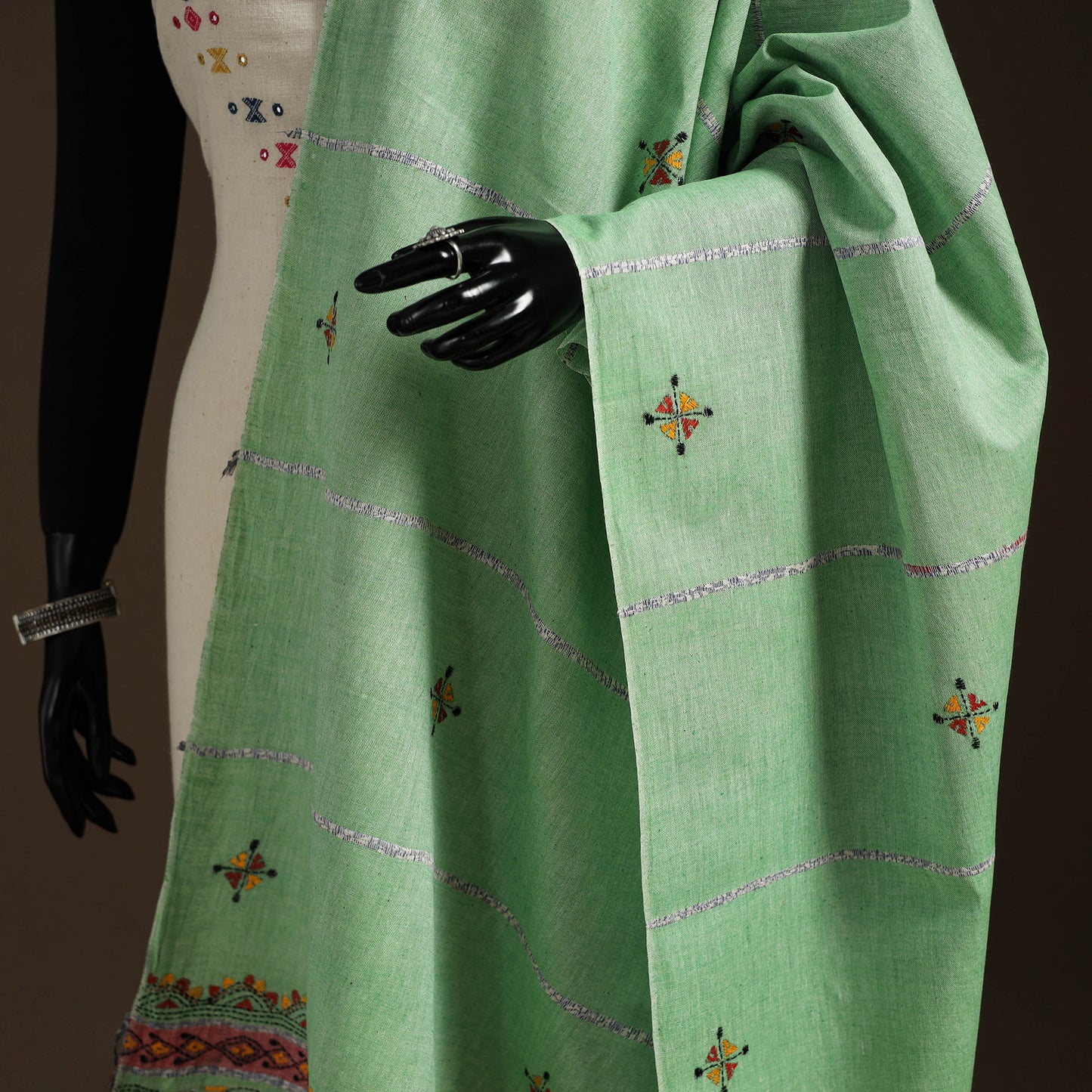 Green Hand Embroidery Khes Handwoven Cotton Kantha Dupatta