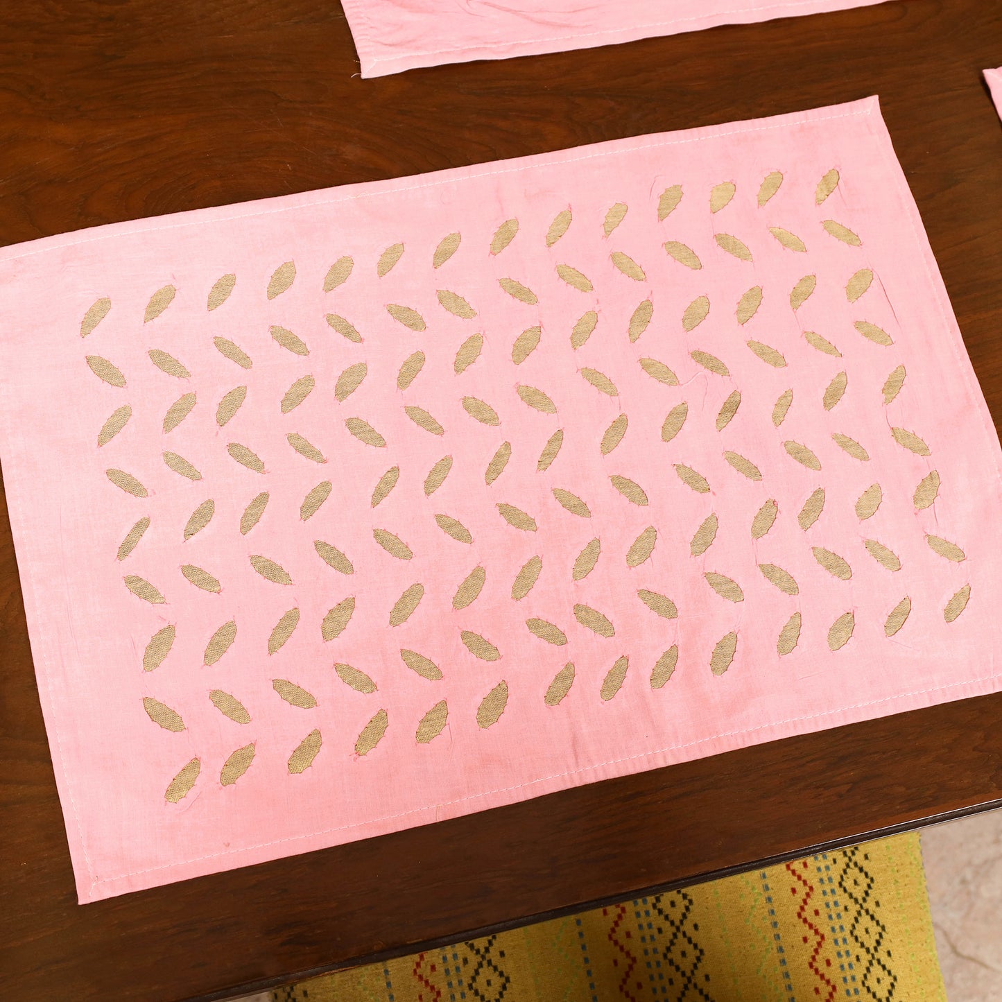 Peach - Barmer Applique Cutwork Dining Table Runner with Mat Set 17