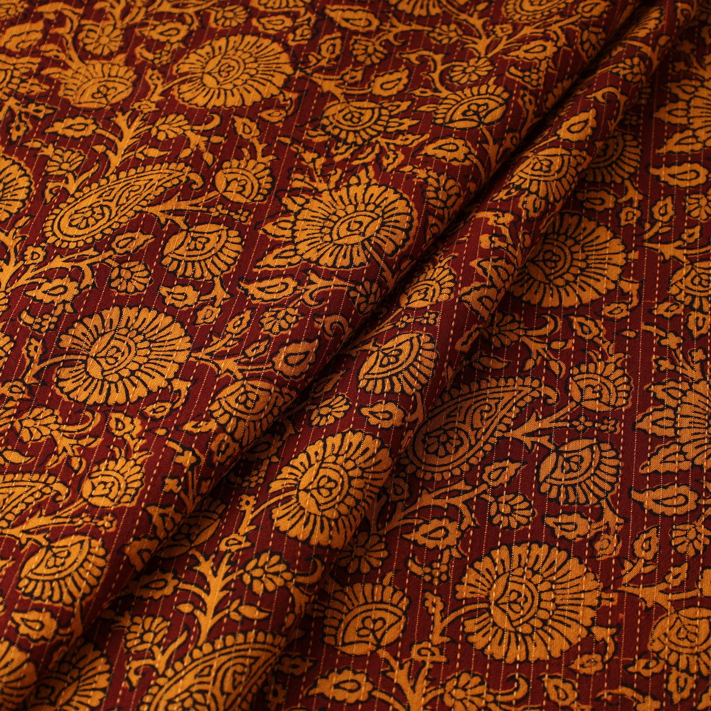 Orange - Bagh Block Printed Kantha Style Cotton Fabric 24