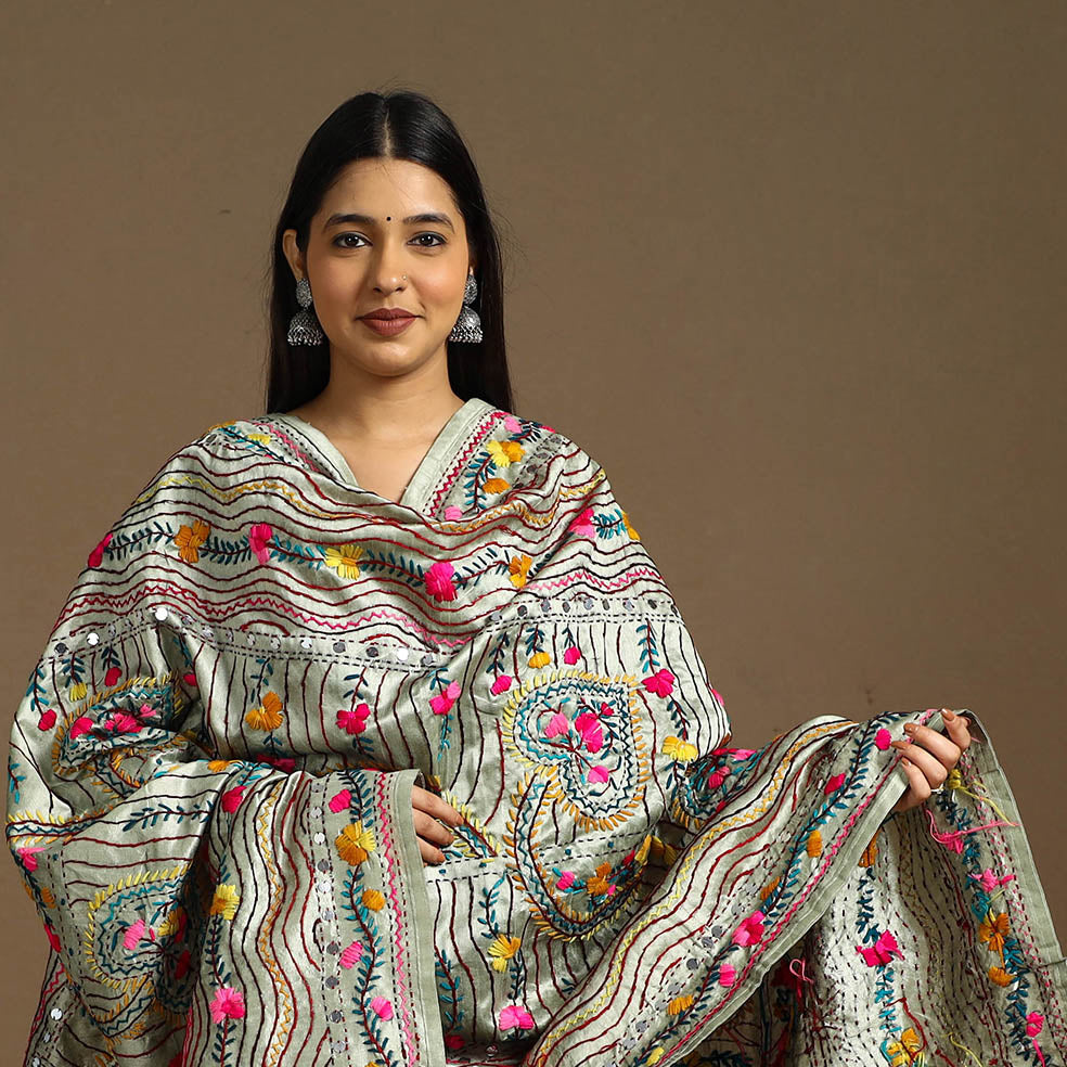  Beige Ranihati Chanderi Silk Hand Embroidery Dupatta