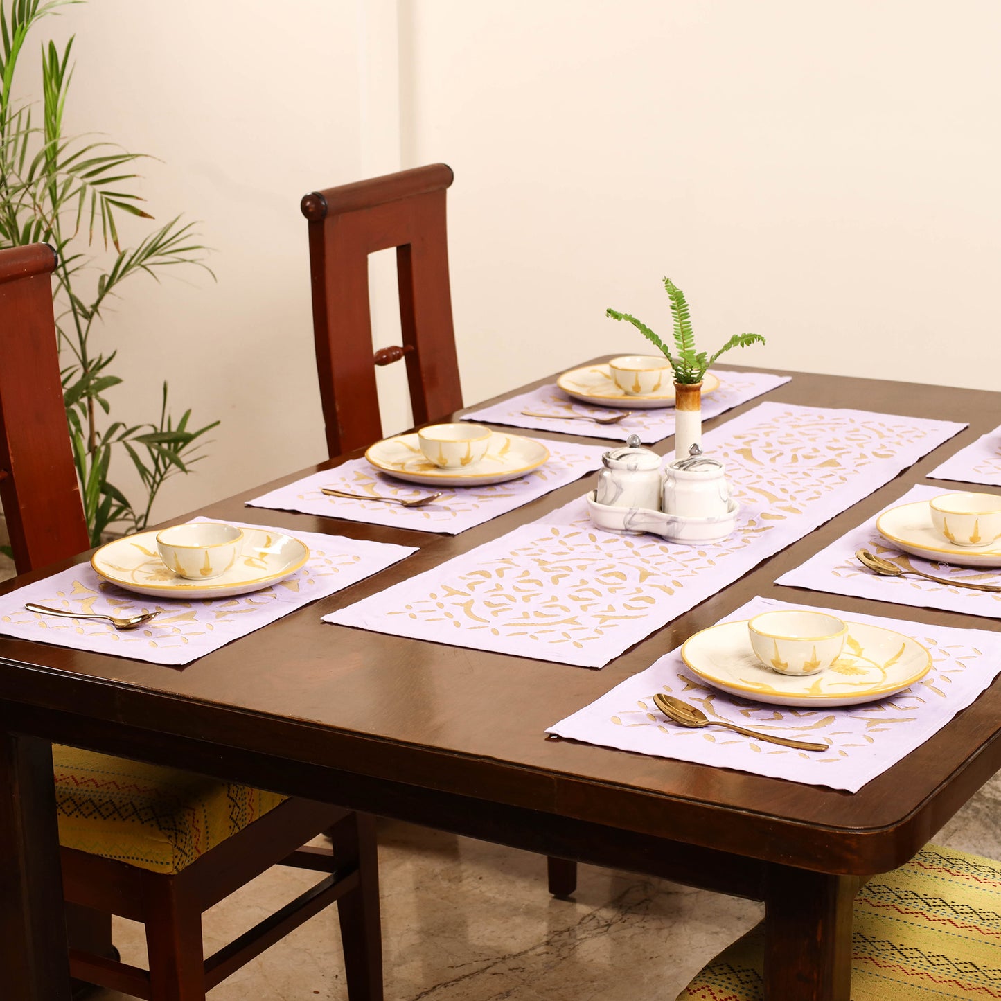 Peach - Barmer Applique Cutwork Dining Table Runner with Mat Set 18