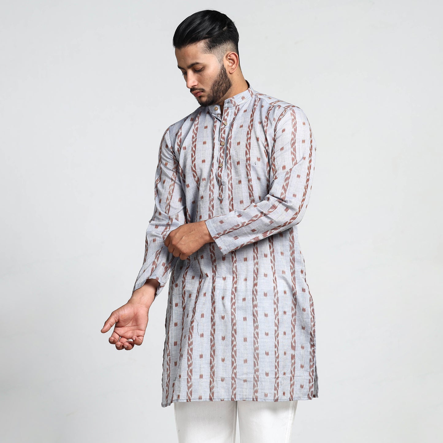 Light Grey - Sambalpuri Ikat Weave Cotton Men Long Kurta