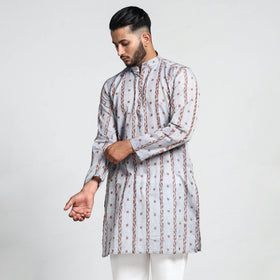 Light Grey - Sambalpuri Ikat Weave Cotton Men Long Kurta