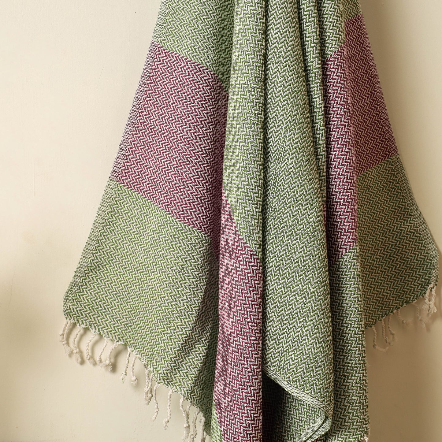 Green - Handloom Cotton Towel with Tassels from Bijnor by Nizam