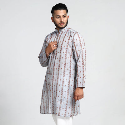 Light Grey - Sambalpuri Ikat Weave Cotton Men Long Kurta