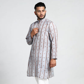 Light Grey - Sambalpuri Ikat Weave Cotton Men Long Kurta