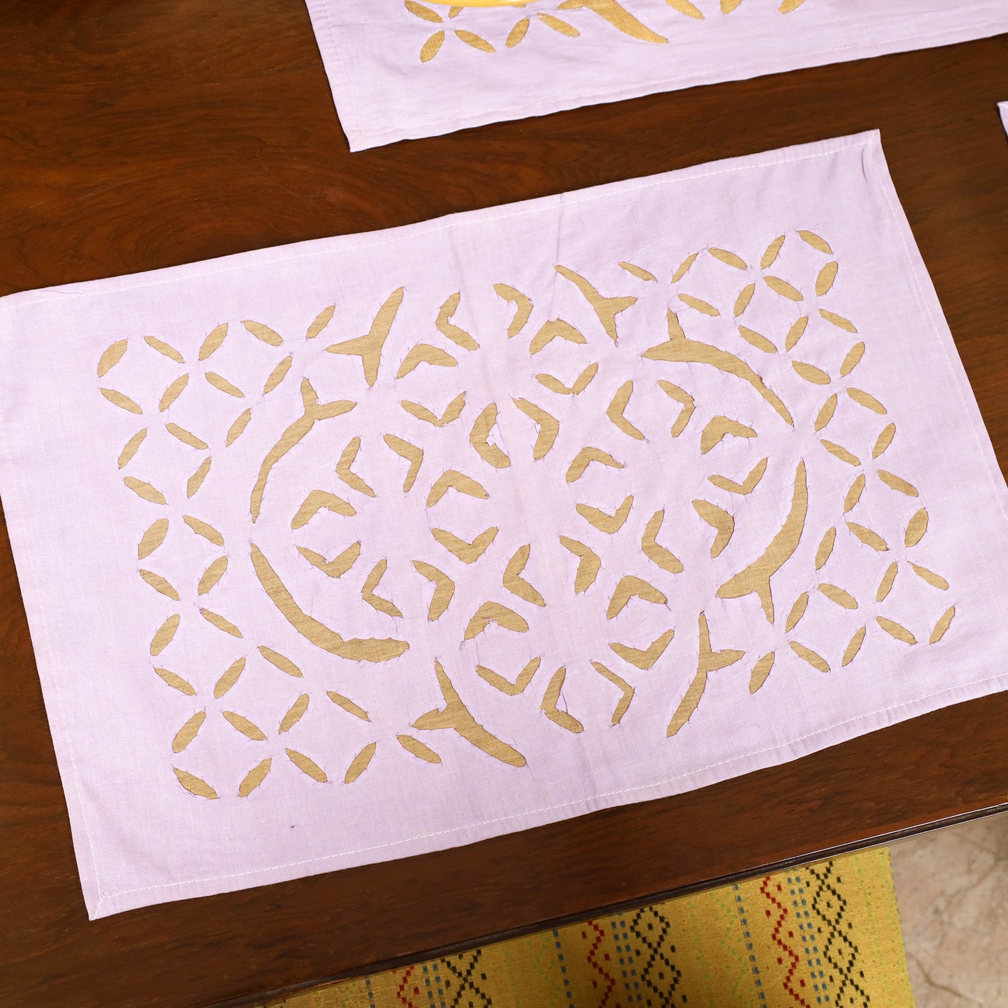 Peach - Barmer Applique Cutwork Dining Table Runner with Mat Set 18