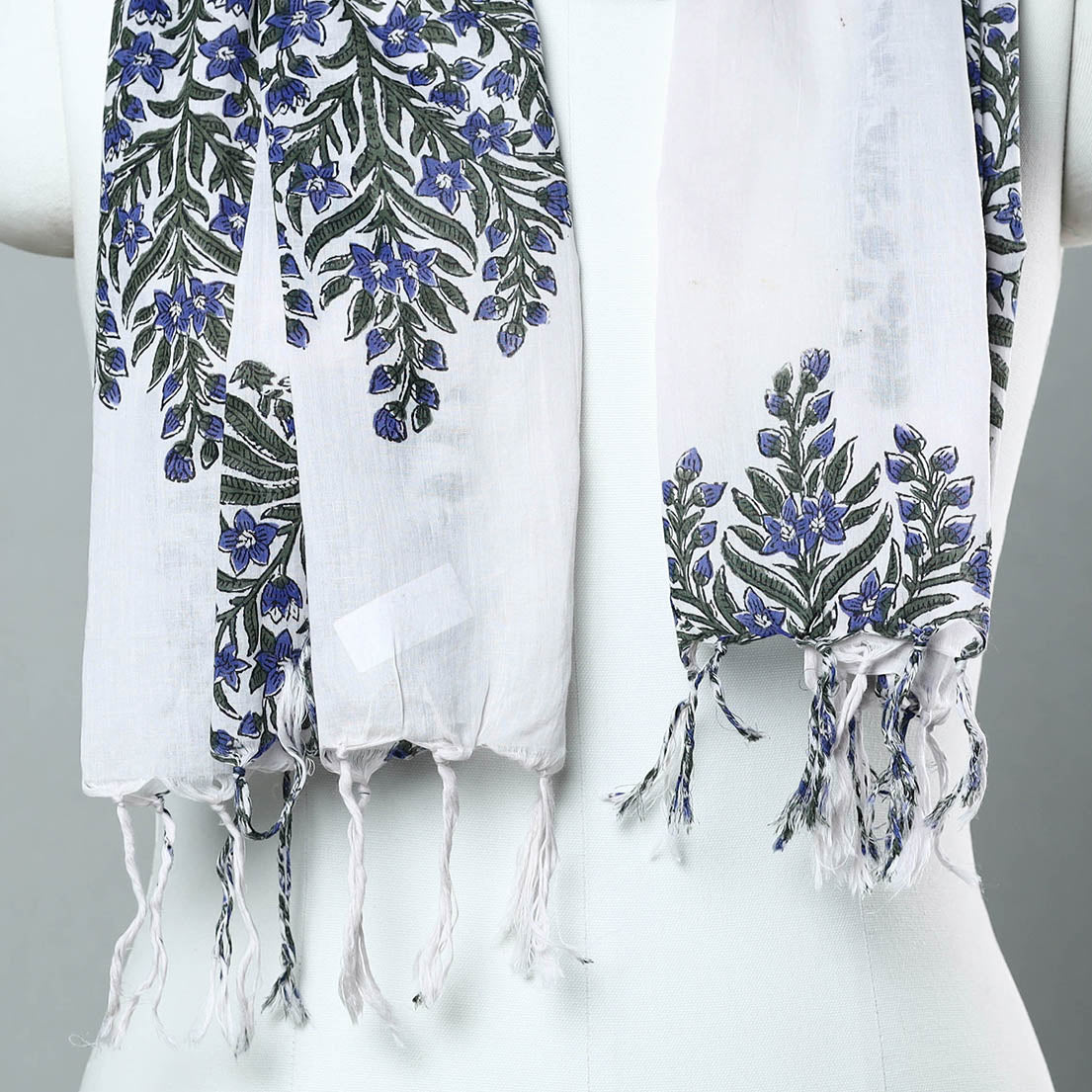 White - Sanganeri Block Printed Cotton Stole with Tassels 55