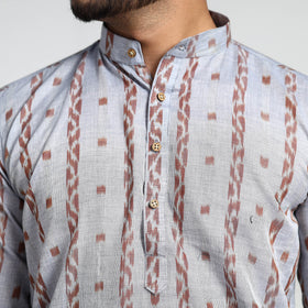Light Grey - Sambalpuri Ikat Weave Cotton Men Long Kurta