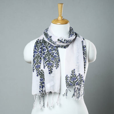 White - Sanganeri Block Printed Cotton Stole with Tassels 55