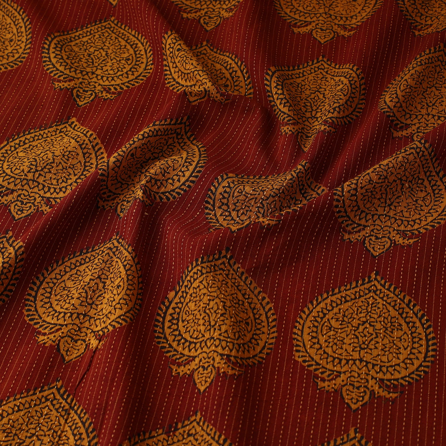 Red - Bagh Block Printed Kantha Style Cotton Fabric 26