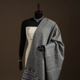 Grey Hand Embroidery Khes Handwoven Cotton Kantha Dupatta