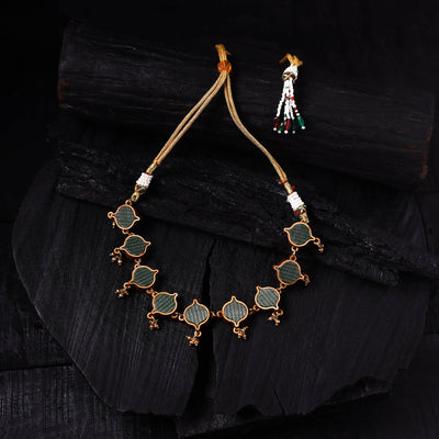 WHE Green Handmade Repurposed Brocade Fabric & Wood Choker Necklace 18