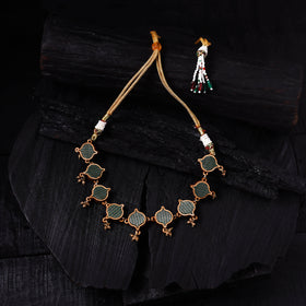 WHE Green Handmade Repurposed Brocade Fabric & Wood Choker Necklace 18