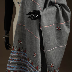Grey Hand Embroidery Khes Handwoven Cotton Kantha Dupatta