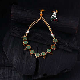 WHE Green Handmade Repurposed Brocade Fabric & Wood Choker Necklace 19