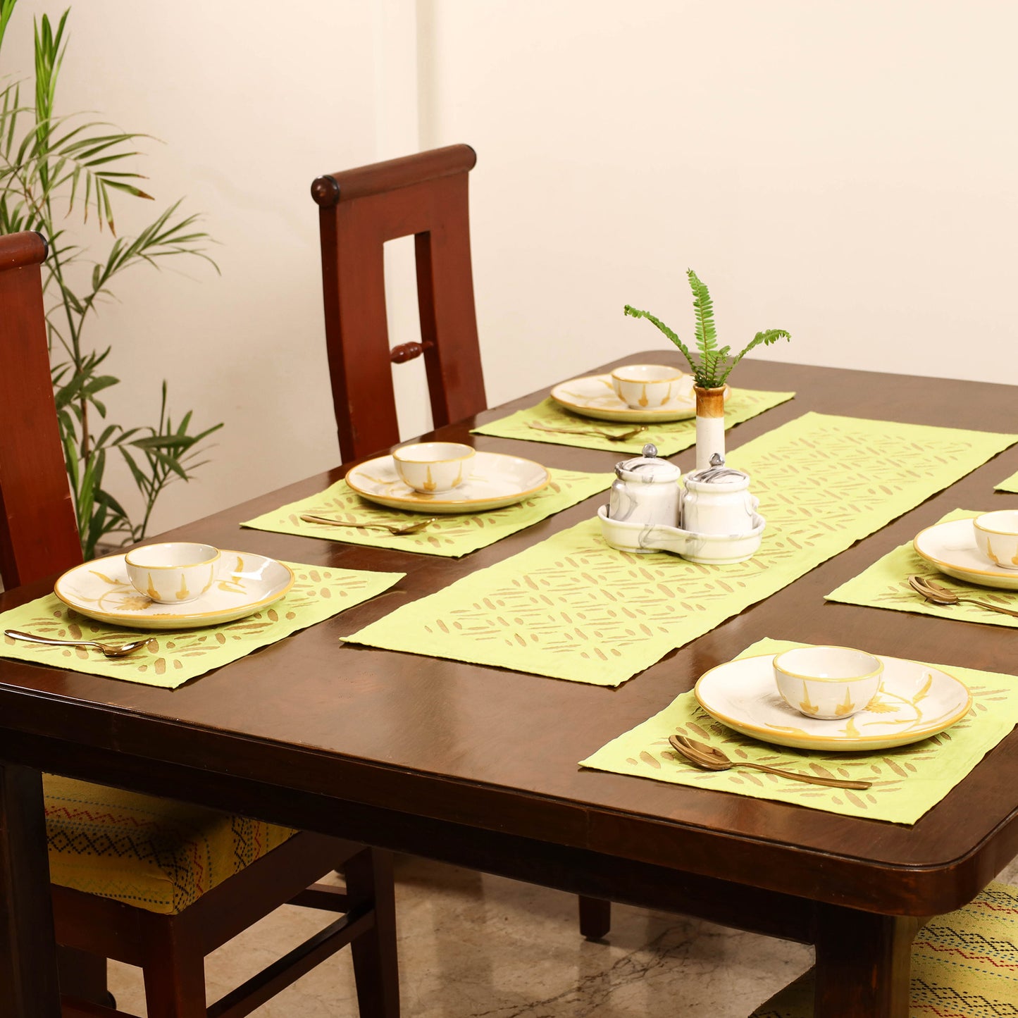 Yellow - Barmer Applique Cutwork Dining Table Runner with Mat Set 21
