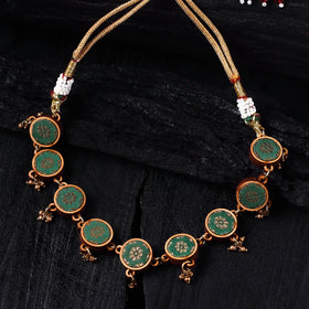 WHE Green Handmade Repurposed Brocade Fabric & Wood Choker Necklace 19