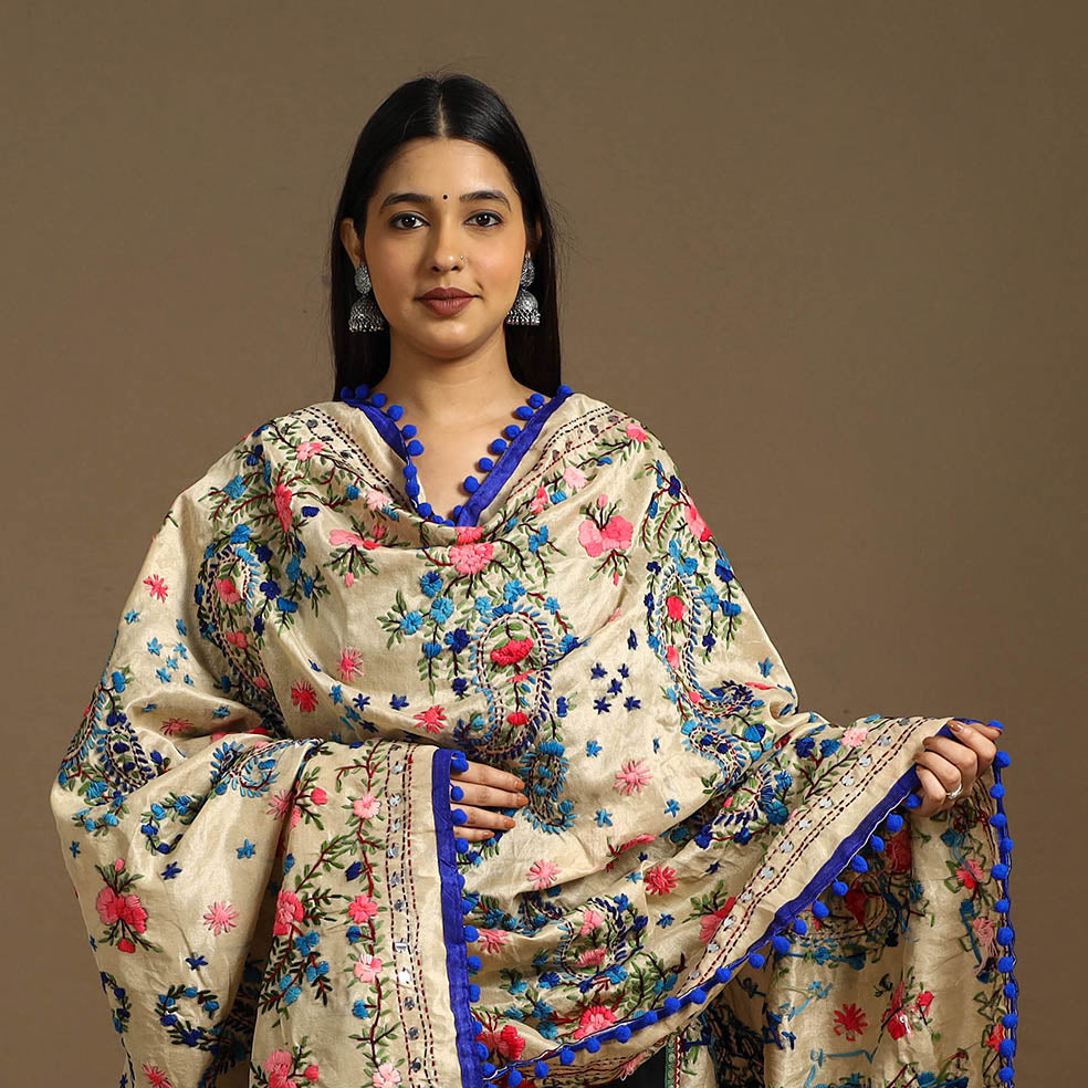Beige - Ranihati Madhubani Chapa Work Chanderi Silk Hand Embroidery Dupatta 144