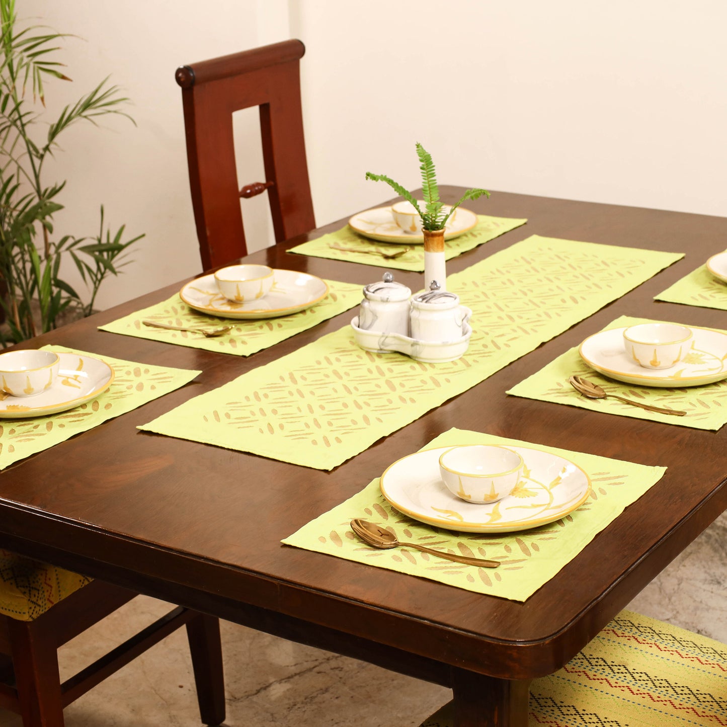 Yellow - Barmer Applique Cutwork Dining Table Runner with Mat Set 21