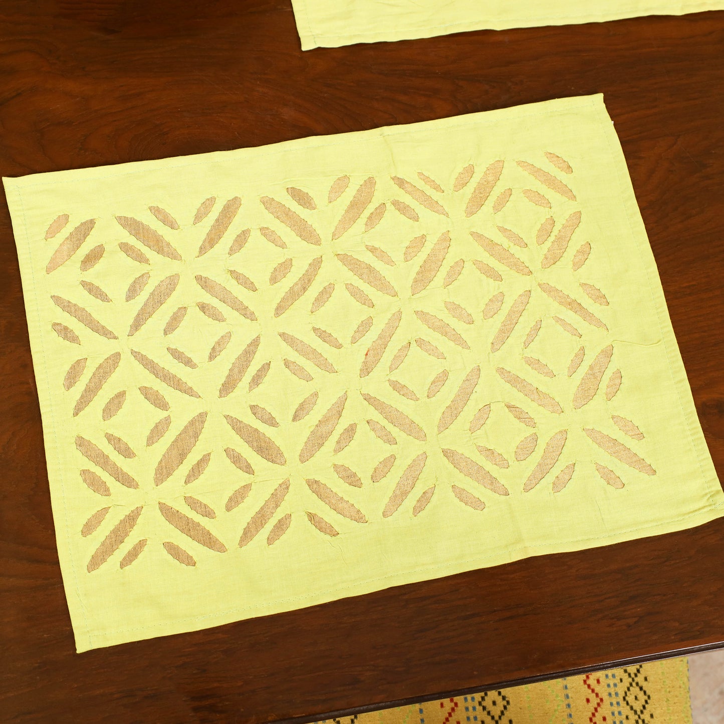 Yellow - Barmer Applique Cutwork Dining Table Runner with Mat Set 21