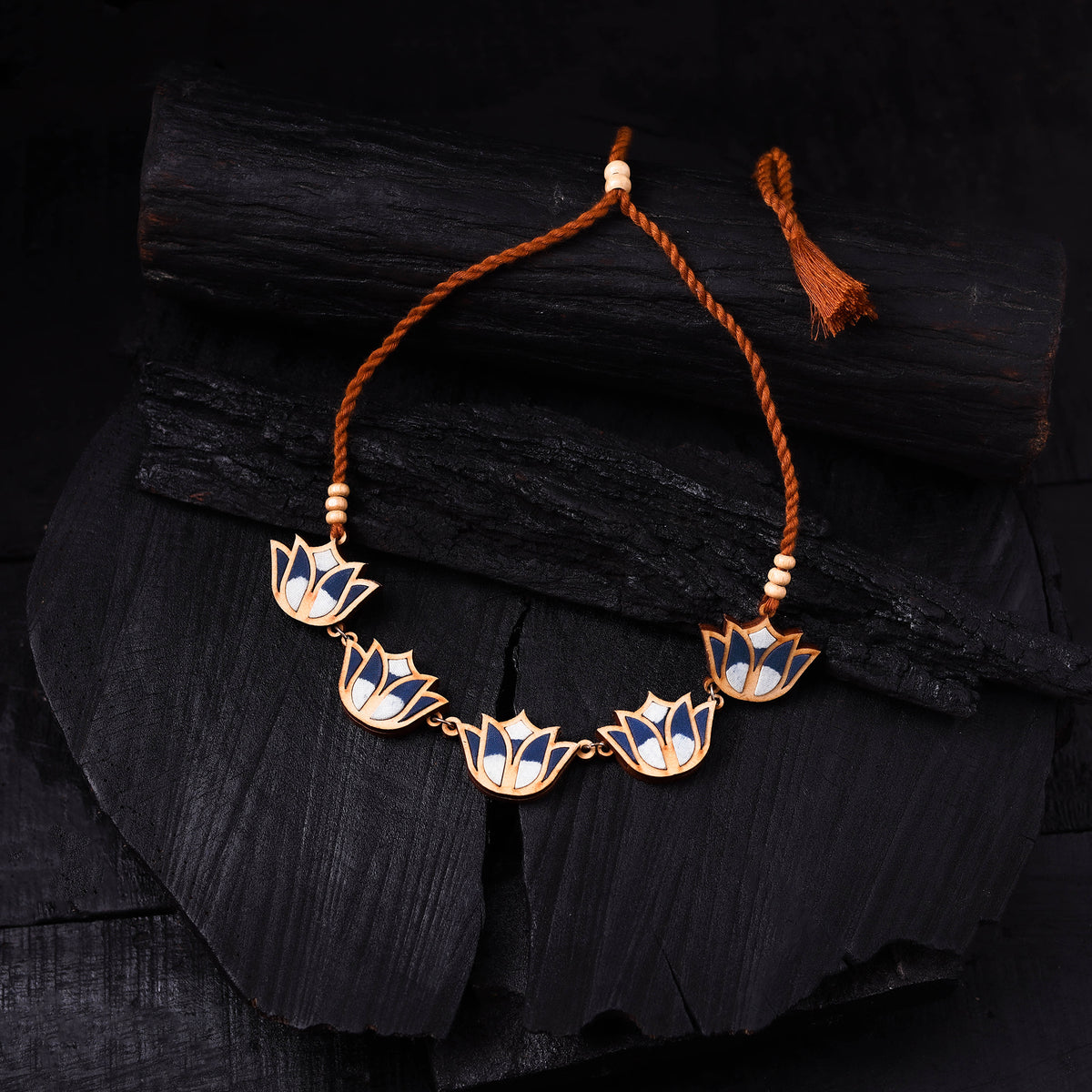 WHE Indigo Handmade Repurposed Fabric & Wood Bloom Lotus Necklace 20