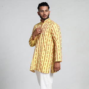 Light Yellow - Sambalpuri Ikat Weave Cotton Men Short Kurta
