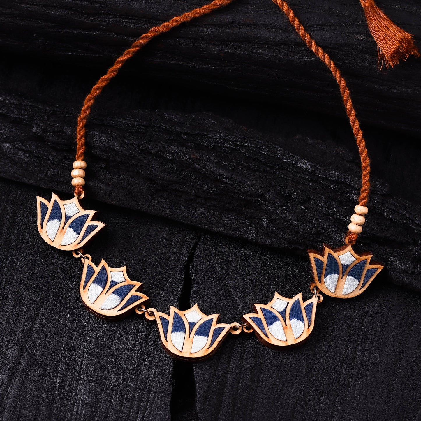 WHE Indigo Handmade Repurposed Fabric & Wood Bloom Lotus Necklace 20