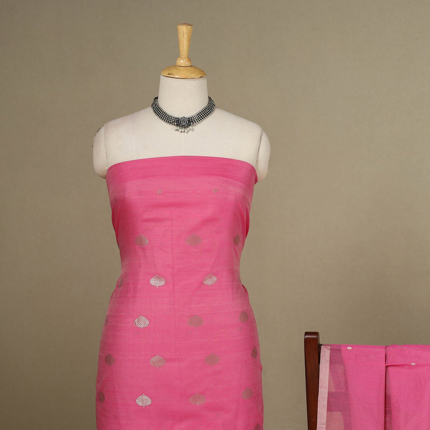 Pink - 2pc Zari Buti Handloom Unstitched Chanderi Silk Dress Material 